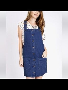 Classic Blue Denim Button-Front Pinafore Mini Dress